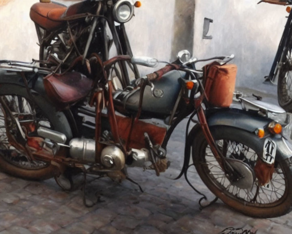Vintage Motorcycle with Leather Saddlebags on Cobblestone Road