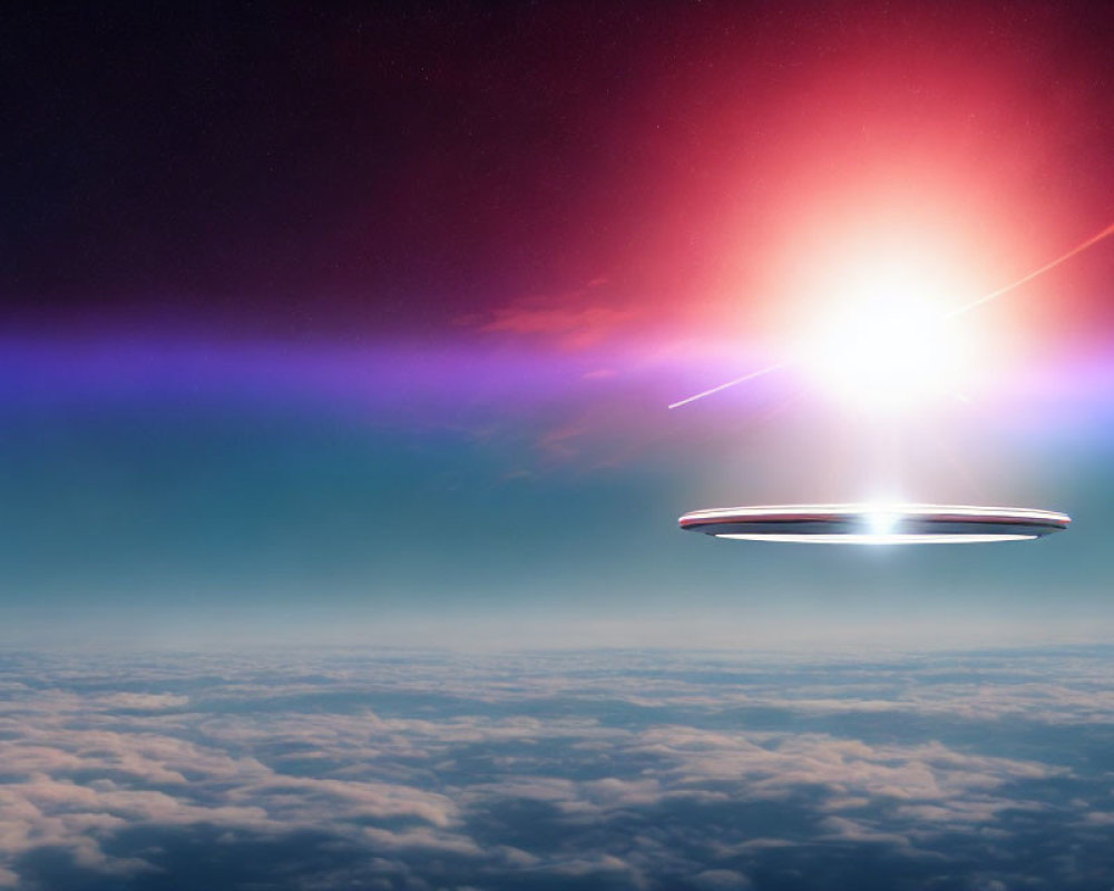 Colorful Sky with Bright UFO Hovering Above Clouds