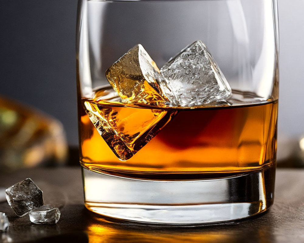 Whiskey glass with large ice cubes on rustic table, amber liquid glowing warmly.