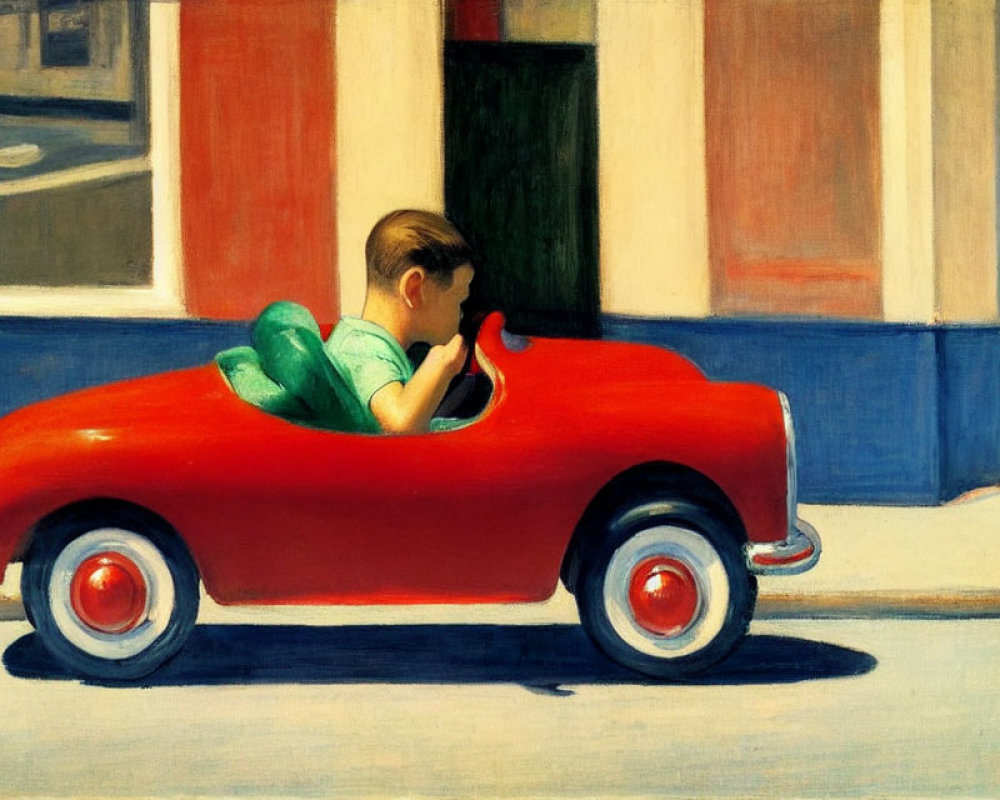 Child in Red Pedal Car on Sunlit Street with Building Shadows