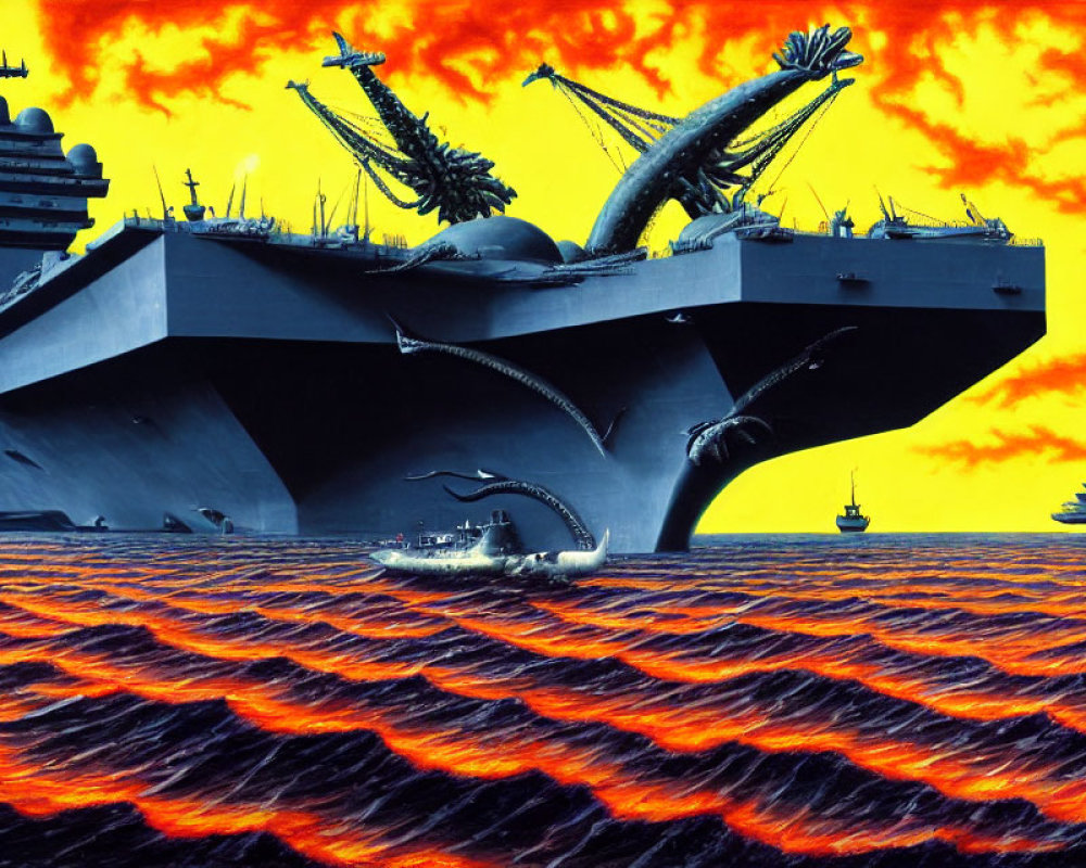 Surreal artwork: Giant tentacles attack aircraft carriers in fiery sky
