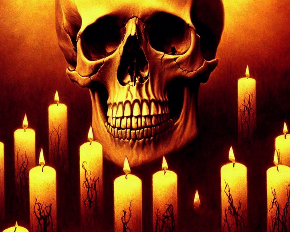 Stylized skull on orange background with lit candles, creating eerie vibe