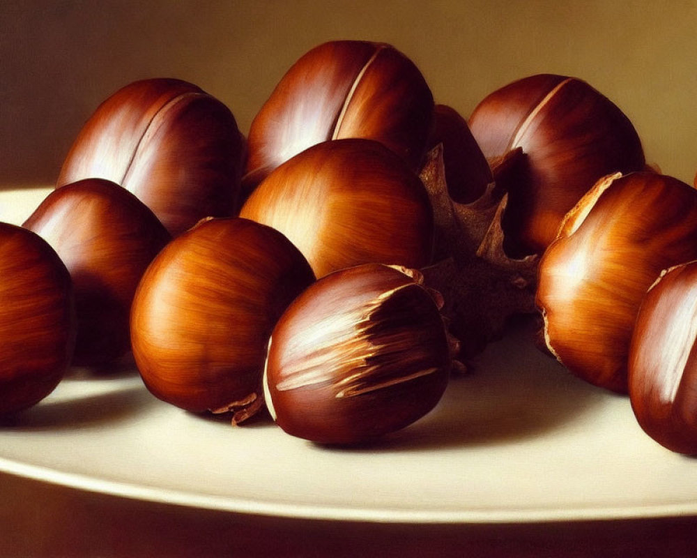 Detailed painting of shiny chestnuts on plate with soft lighting