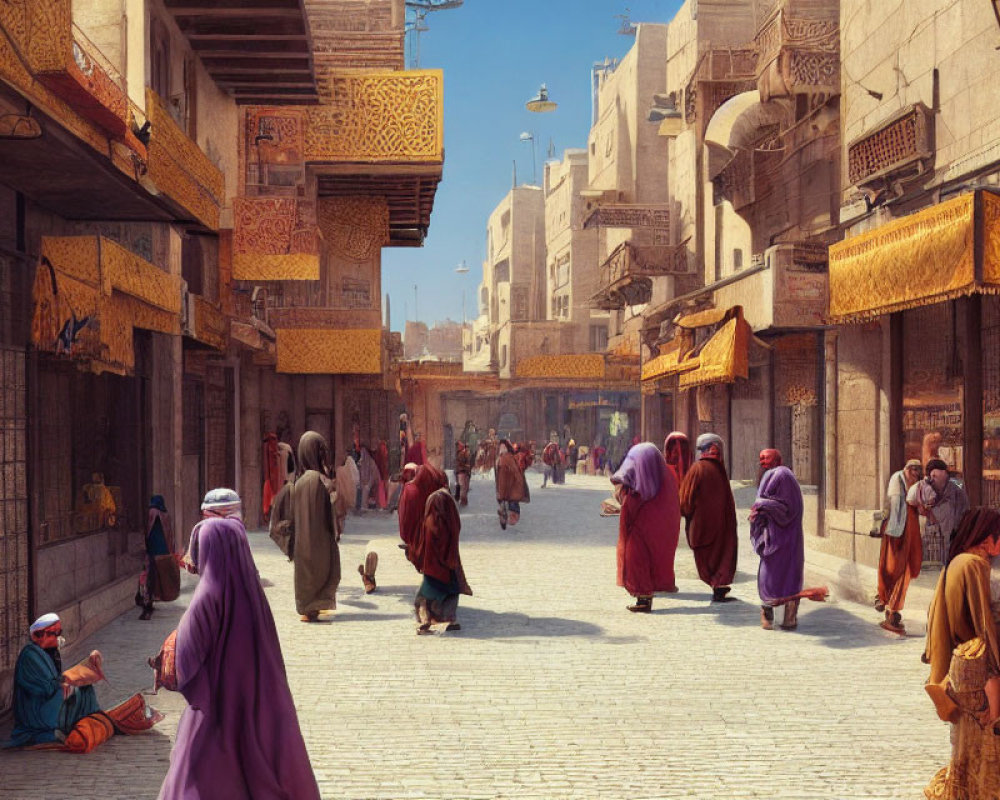 Traditional Middle Eastern Market Street with People in Traditional Attire and Ornate Buildings