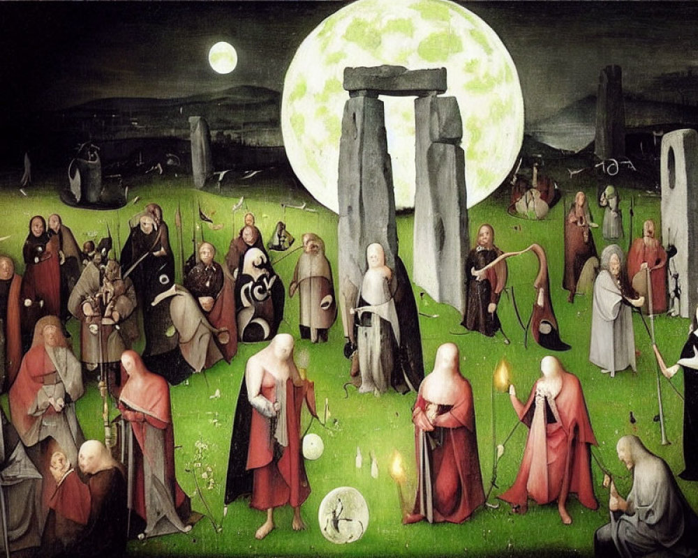 Moonlit Medieval Scene with Robed Figures and Stone Monoliths