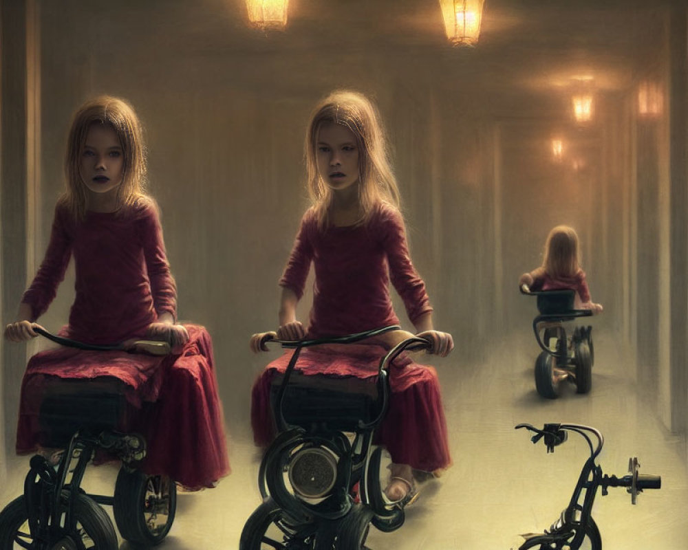 Three Red-Dressed Girls on Tricycles in Dimly Lit Corridor