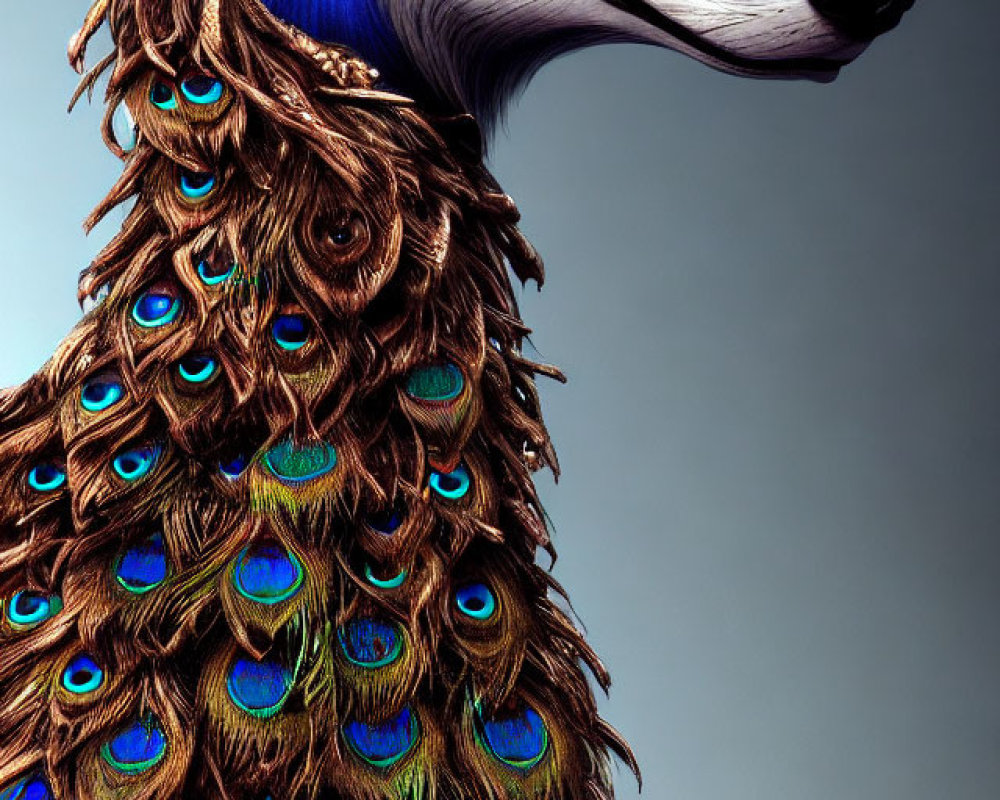 Stylized portrait blending peacock and wolf features