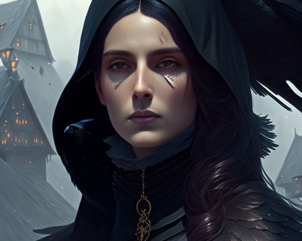 Portrait of woman with pale skin, dark hair, black hooded cloak, feather details, and r