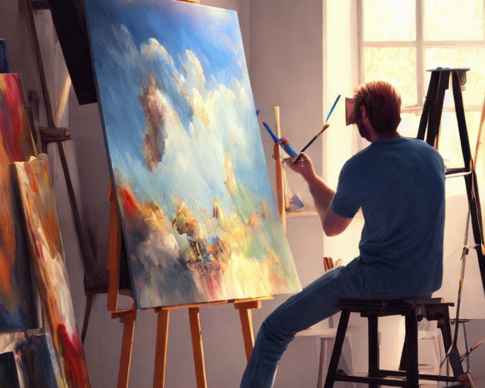 Artist painting landscape in sunlit studio on canvas