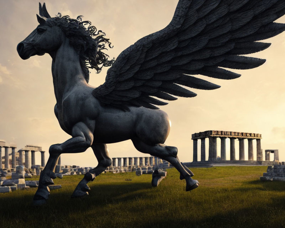Mythical Pegasus with spread wings galloping near ancient Greek ruins