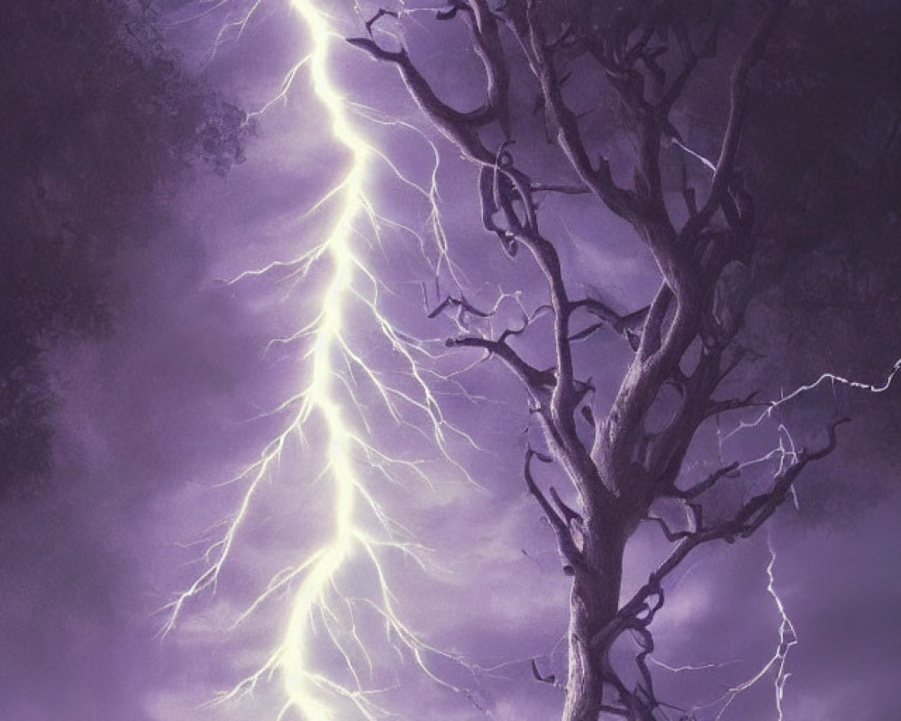 Gnarled tree against violet sky struck by lightning