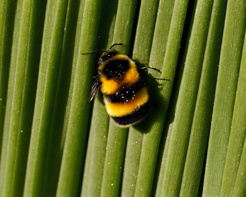 Fuzzy bumblebee with pollen on green leaf surface
