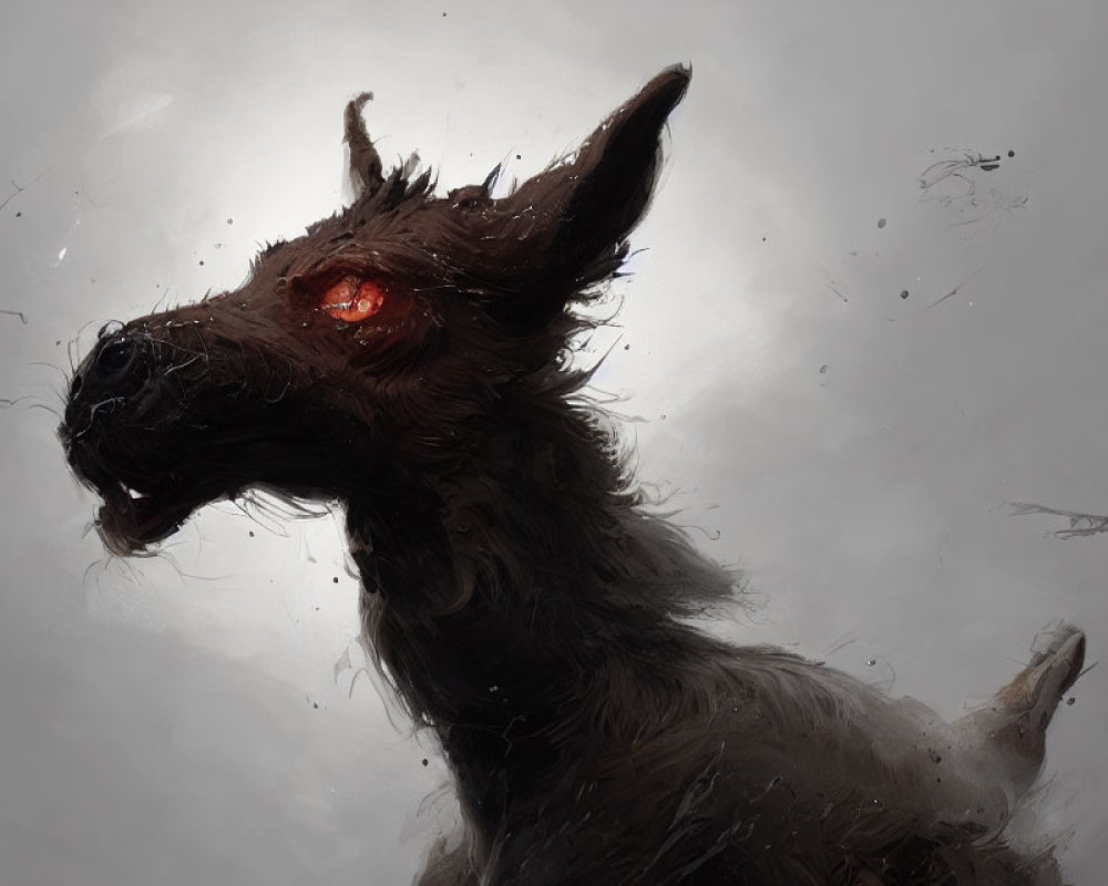Dark creature with red eyes in digital painting against grey background