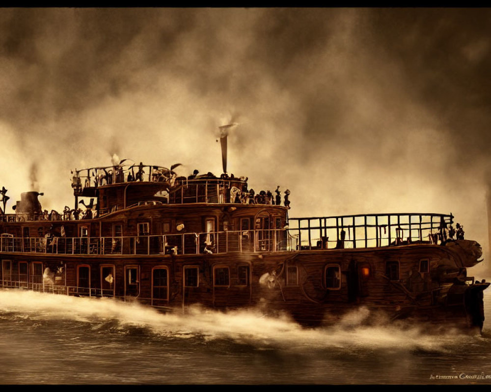 Vintage paddle steamer with passengers on misty river.