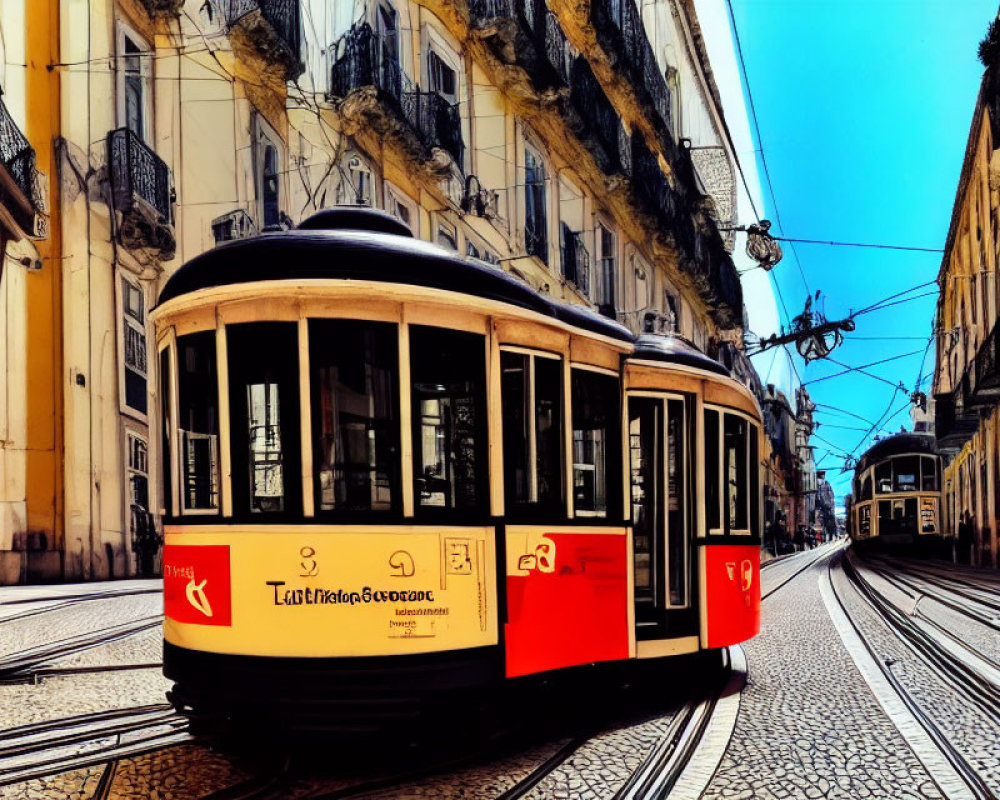Vintage tram on cobblestone street in historic city district with classic architecture and tram lines.
