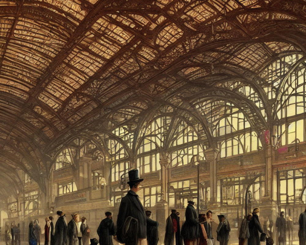 Victorian-era Train Station with Elegantly Dressed Passengers and Intricate Ironwork Arches