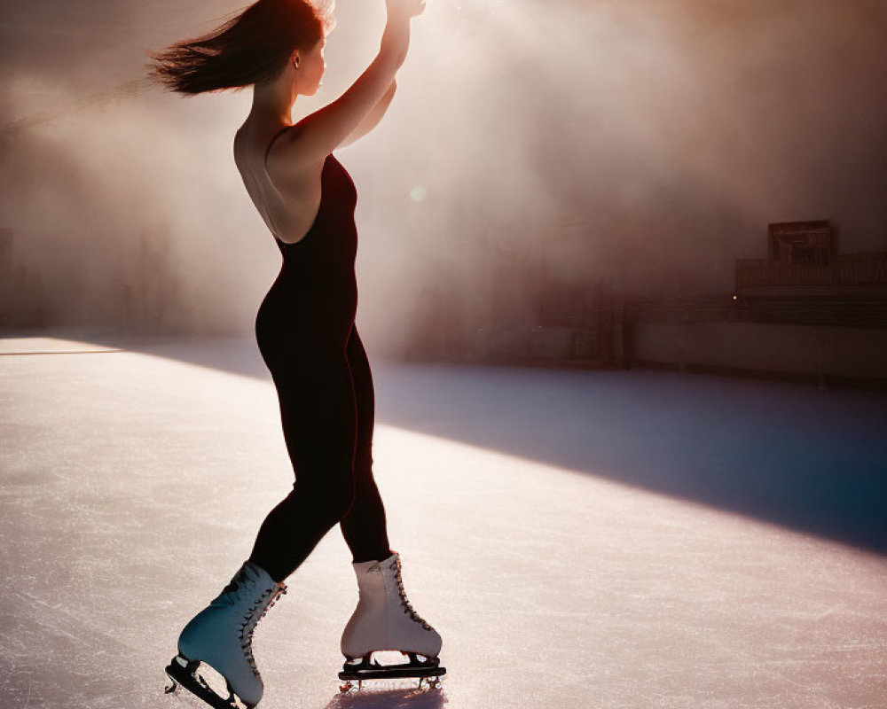 Silhouetted figure skater on ice under glowing sun in misty air