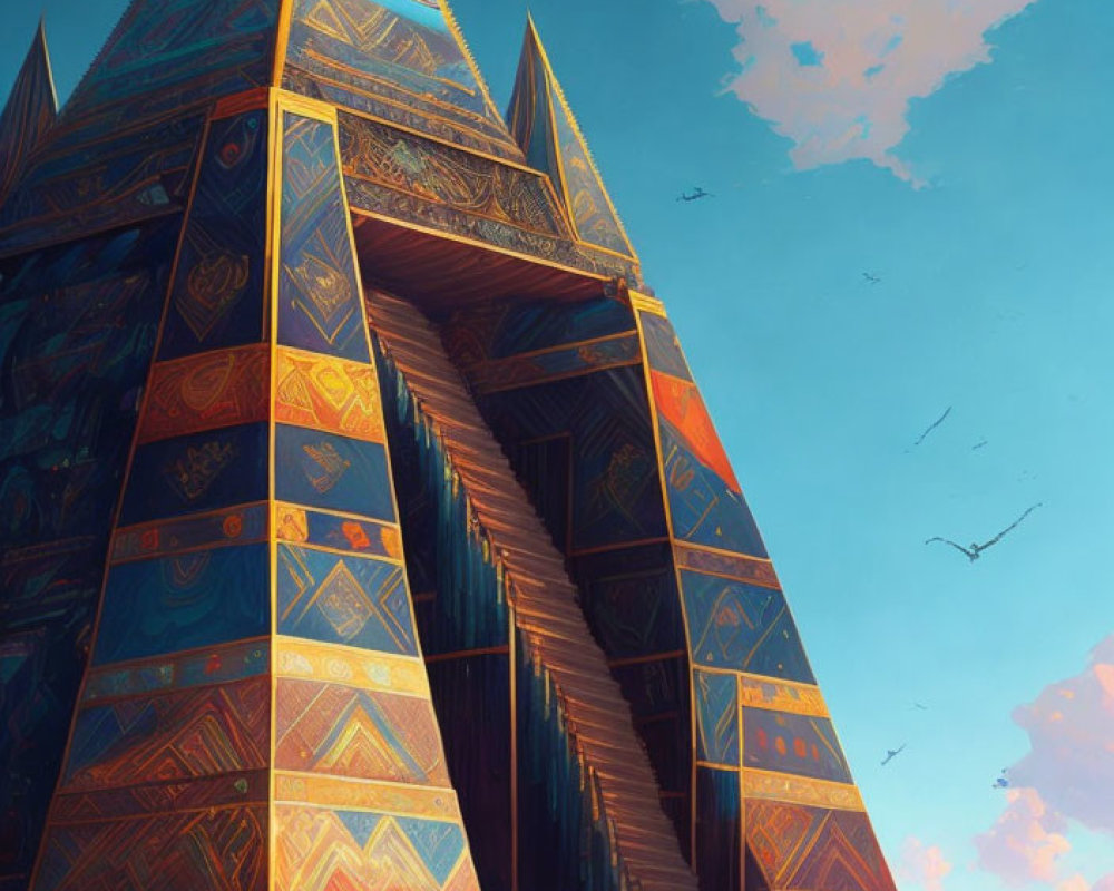 Intricate design fantasy pyramid with birds and figures under blue sky