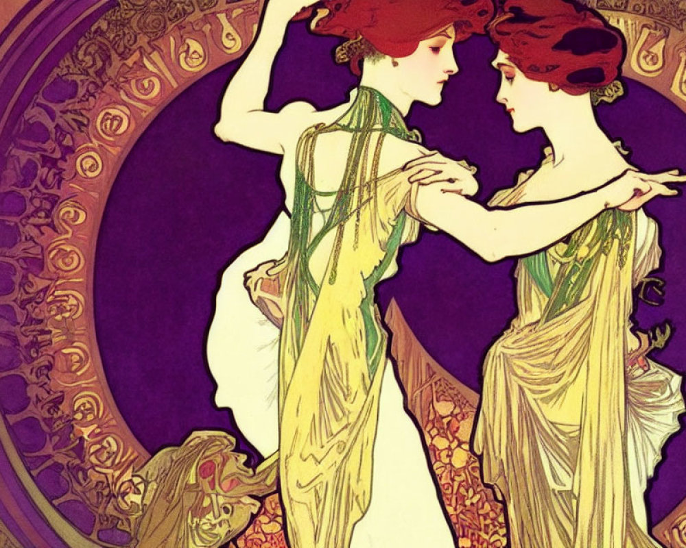 Art Nouveau illustration of two women in flowing dresses with intricate floral patterns on bold purple background