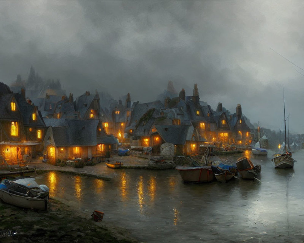 Twilight harbor village with warmly lit windows and calm water