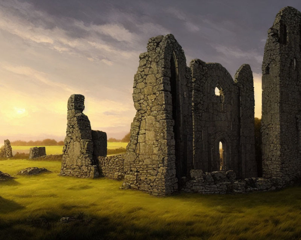 Ancient stone structure ruins in grassy field at sunset