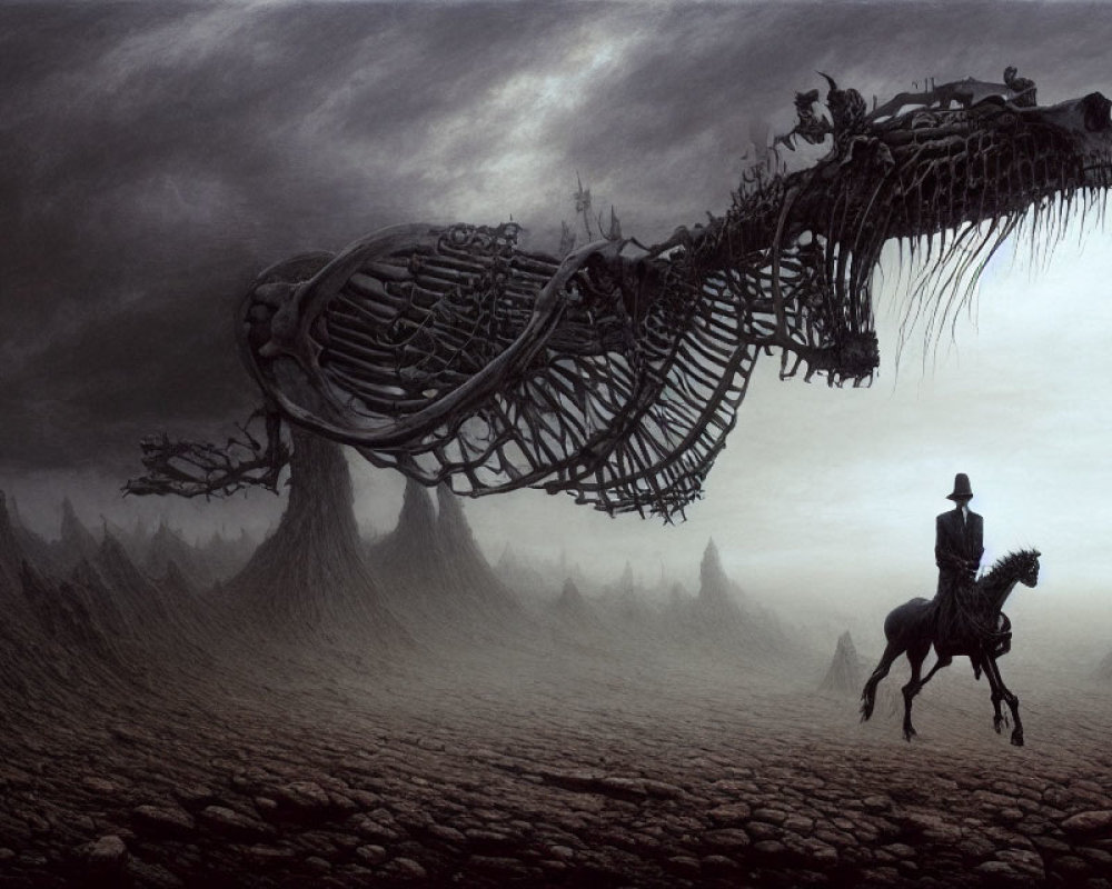 Cowboy riding horse under massive mythical beast skeleton in eerie landscape