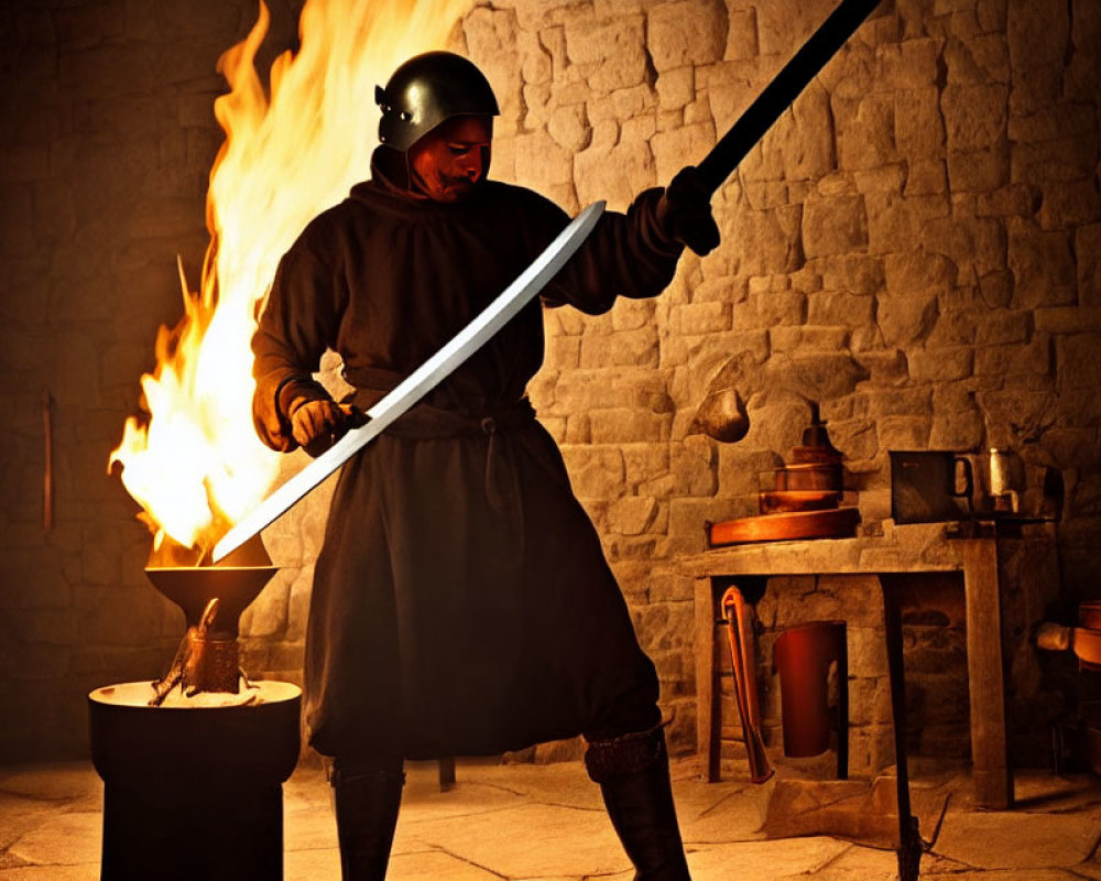 Medieval armor-clad person with sword near fire in stone-walled room.