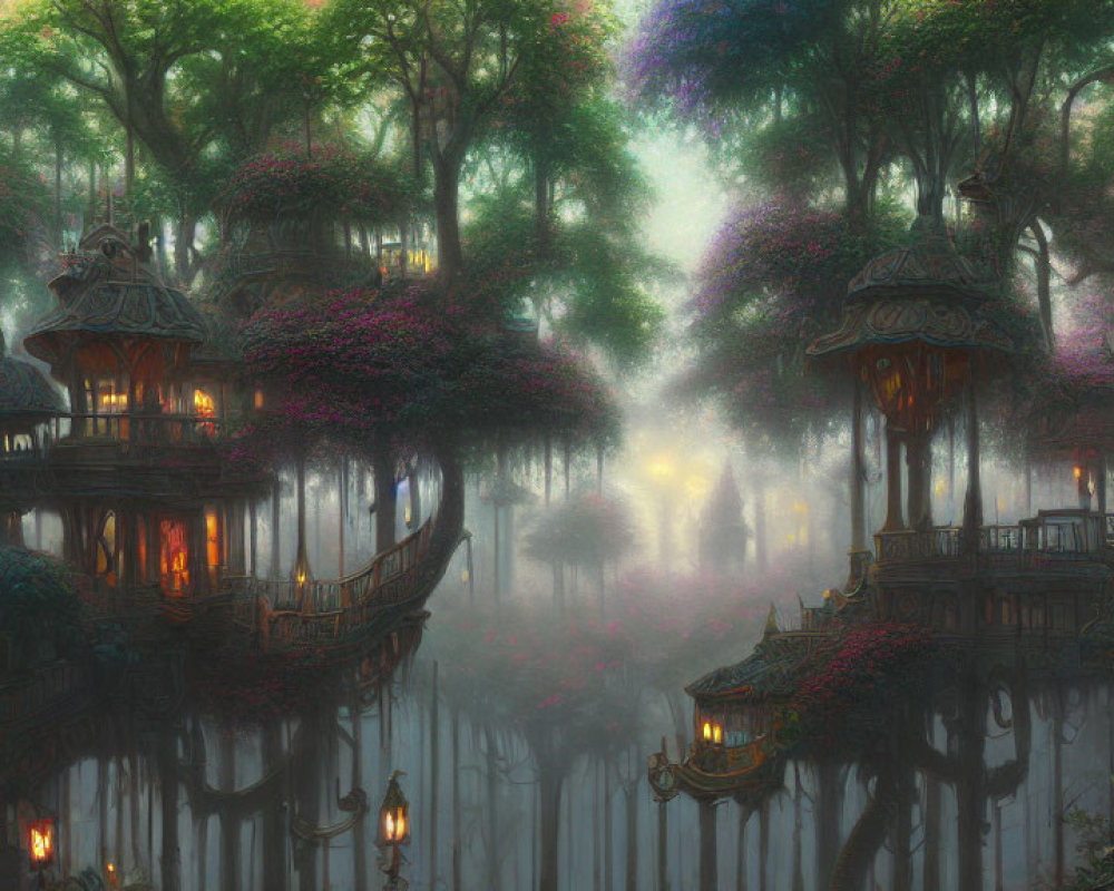 Enchanting forest with mystical treehouses, glowing lanterns, and purple foliage