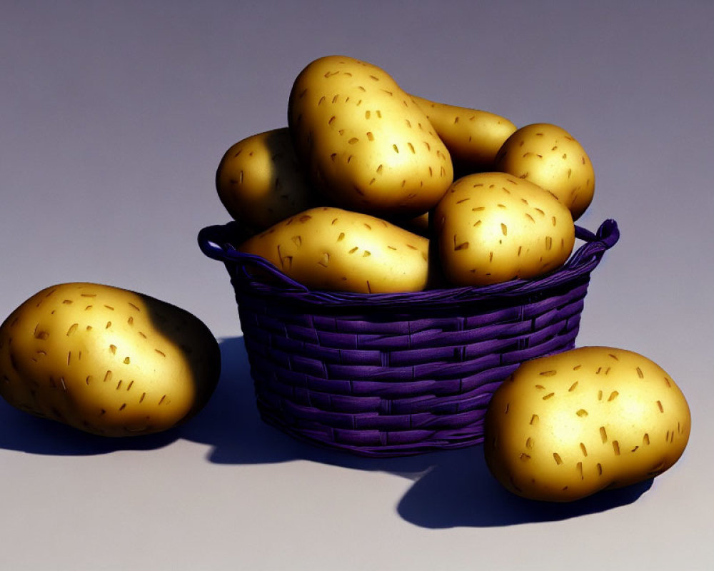3D-rendered image of purple basket with golden potatoes