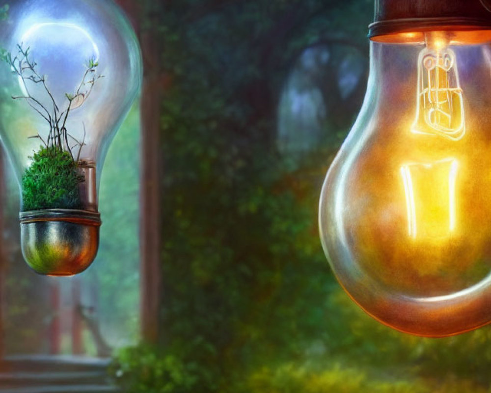Contrasting lightbulbs in mystical forest: clear with plant, warm glow in twilight