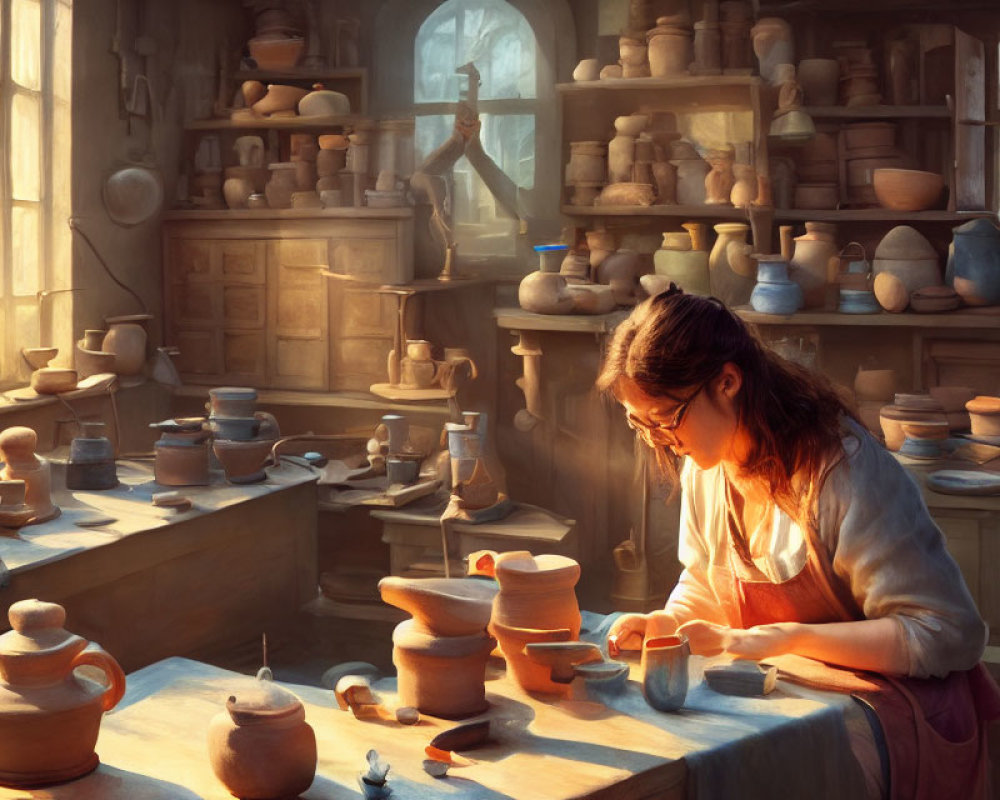 Woman crafting pottery in sunlit workshop with clay pots and jars.