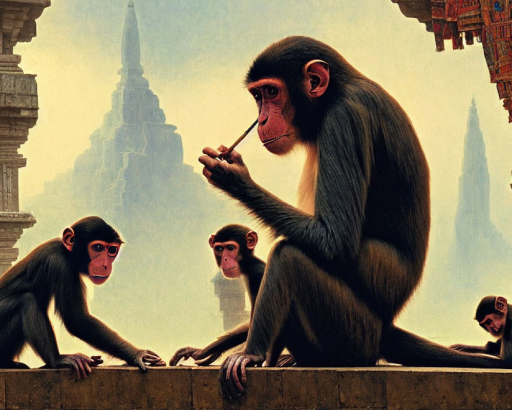 Monkeys on ledge with ancient temple background, one painting another