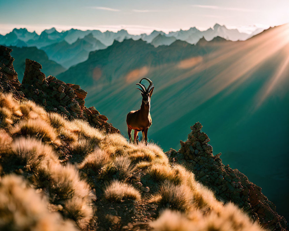 Ibex on Mountain Ridge at Sunset with Golden Light Rays
