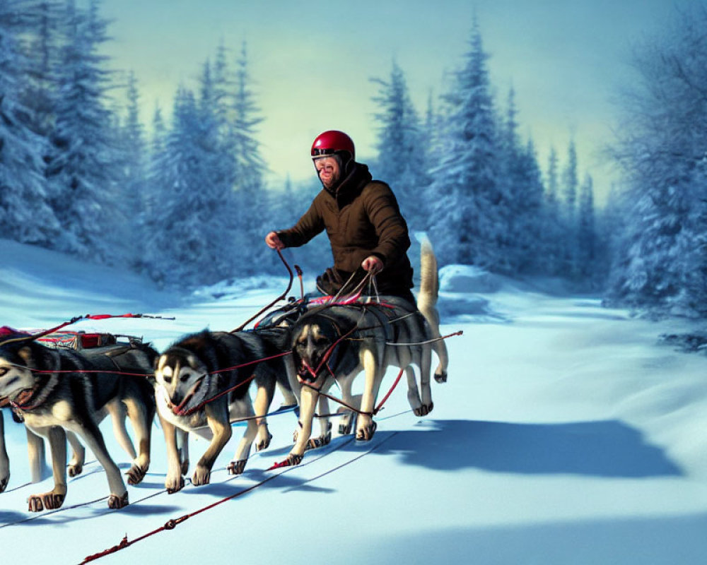 Person in Brown Jacket Mushing Huskies in Snowy Forest