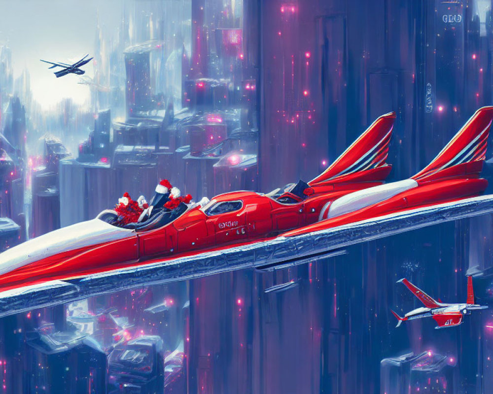 Futuristic Santa Claus flying red sled in blue cityscape