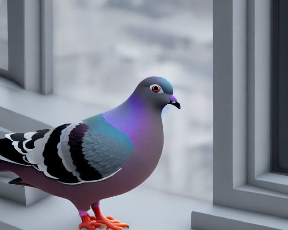 Iridescent pigeon perched on snowy windowsill