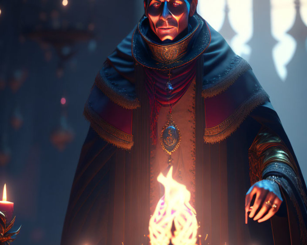 Mysterious Figure in Dark Robe with Flaming Symbol and Candles
