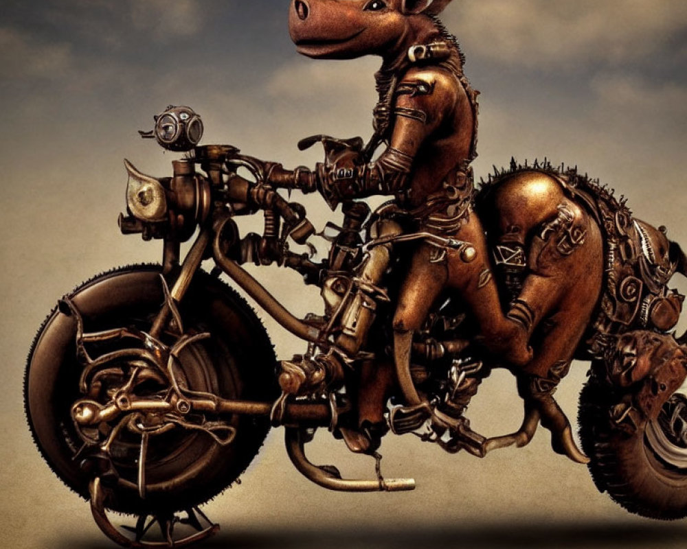 Anthropomorphic boar in armor on steampunk motorcycle with metalwork and gears on sepia