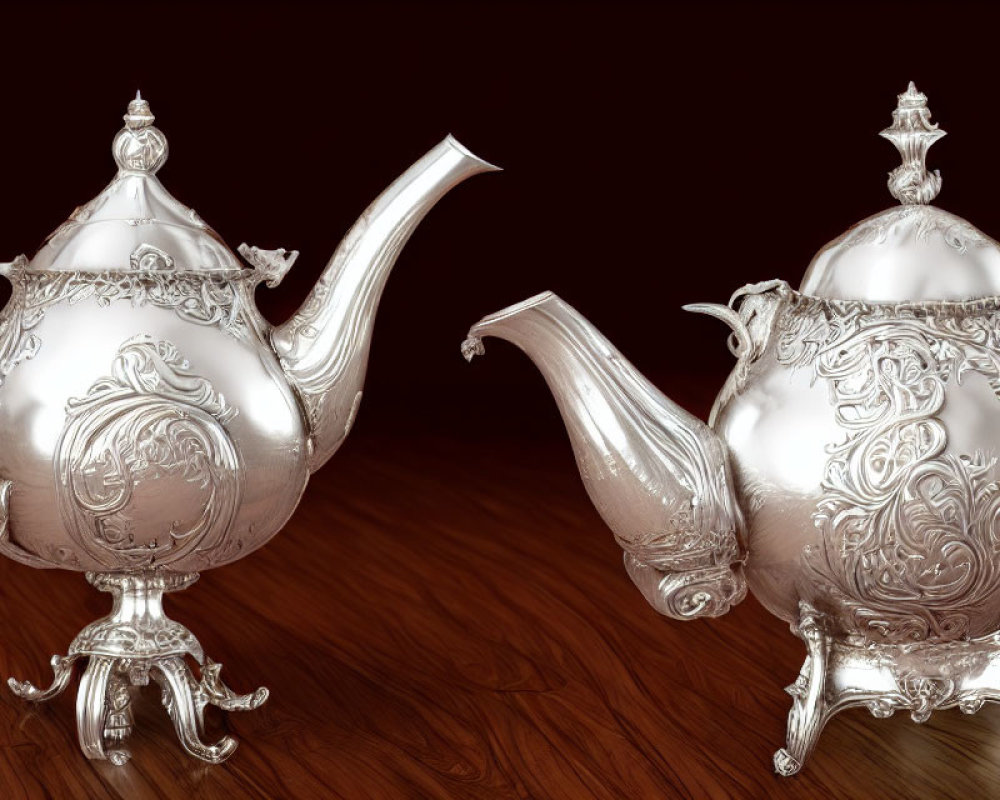 Ornate silver teapots with intricate designs on wooden surface