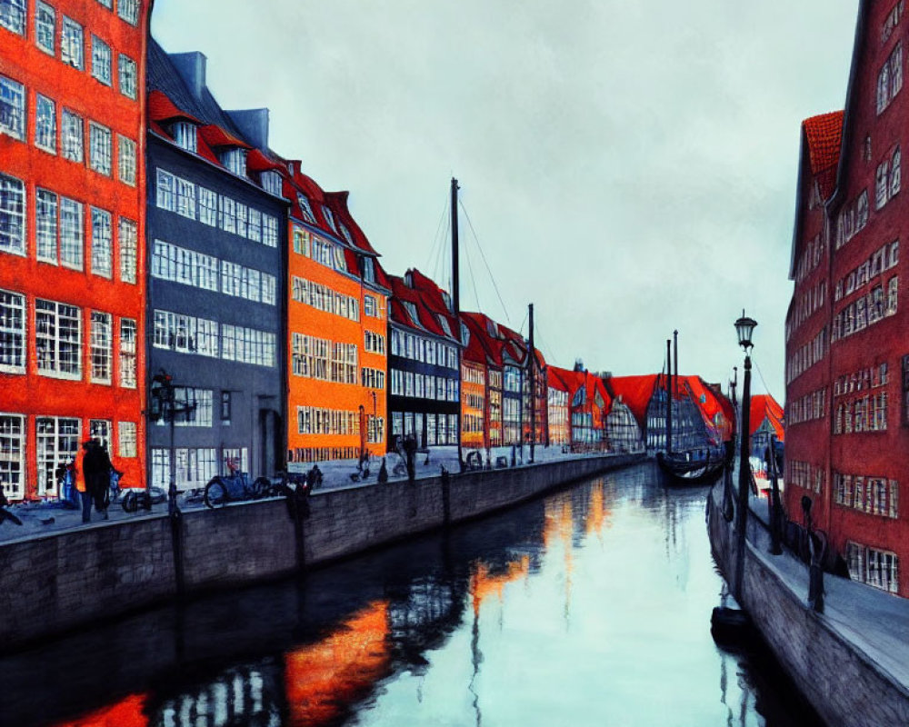 Canal Scene: Vibrant Orange Buildings, Pedestrians, Bicycles