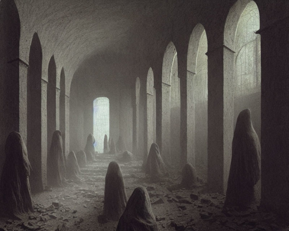 Dimly Lit Hallway with Arched Doorways and Robed Figures in Silence