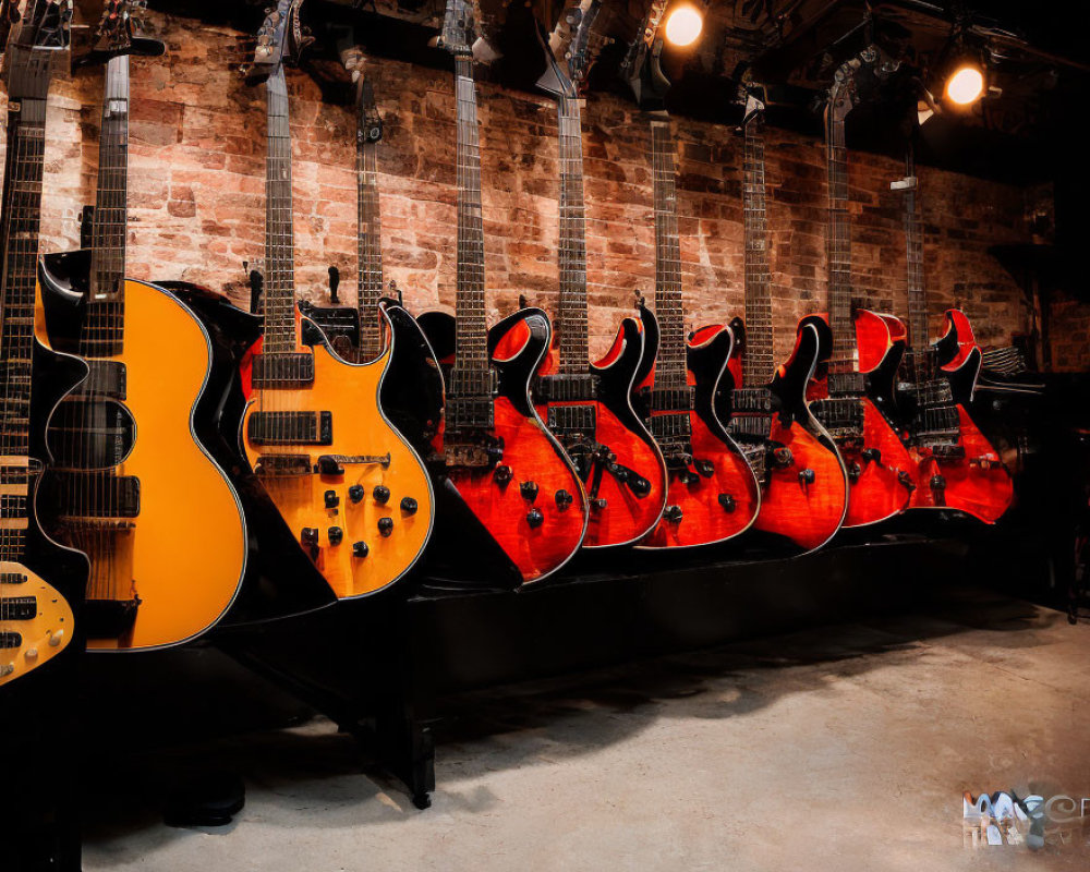 Electric and Acoustic Guitars on Stands Against Brick Wall
