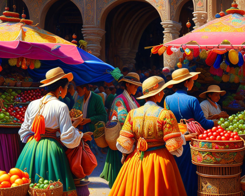 Traditional Attire and Colorful Fruit Stalls in Vibrant Market Scene