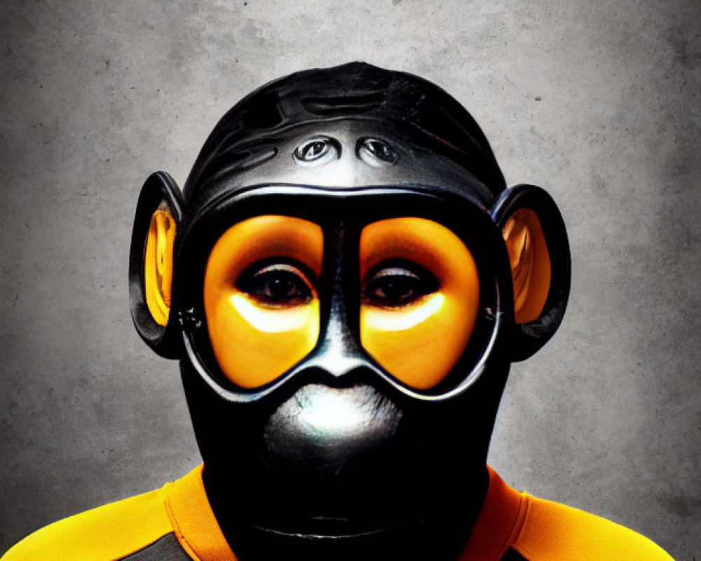 Person in Orange and Black Gorilla Mask with Large Eyes on Grey Background