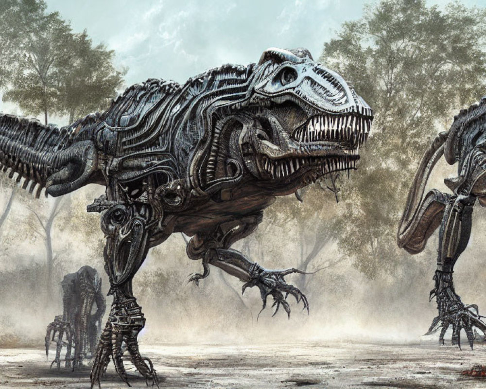 Robotic Tyrannosaurus rex Models in Misty Forest Clearing
