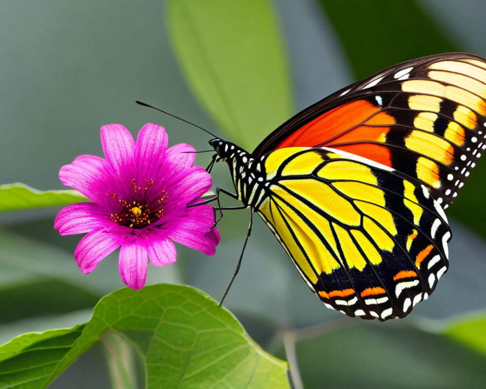 Colorful Monarch Butterfly on Purple Flower with Green Foliage