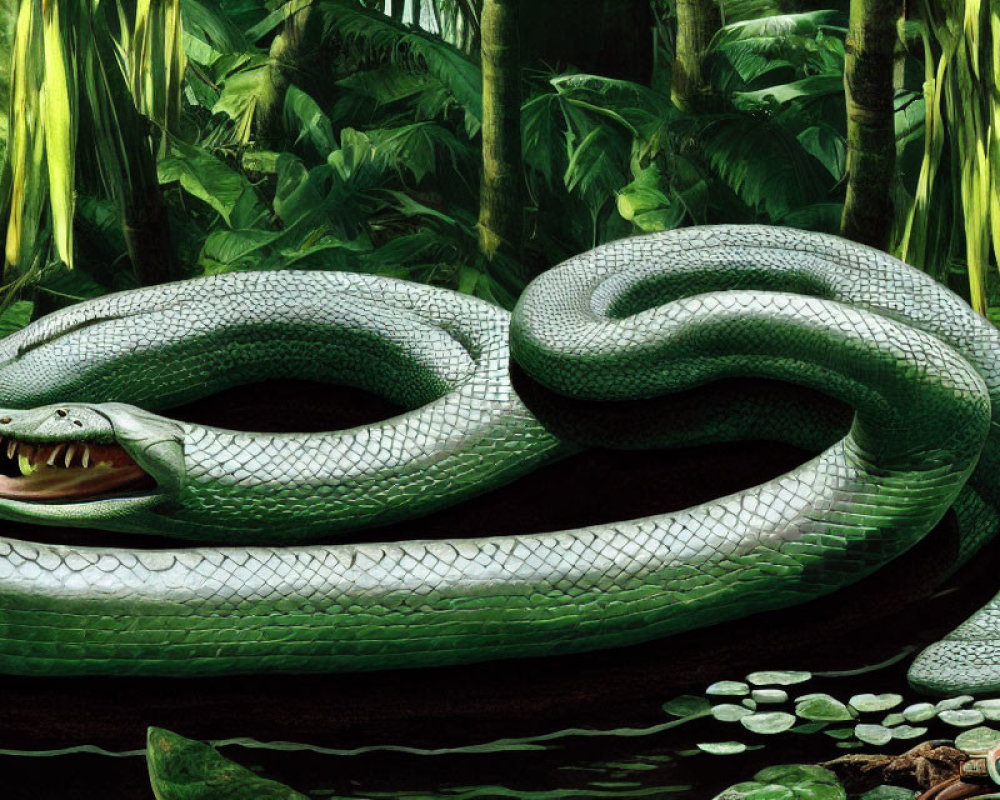 Large Green Snake Camouflaged in Lush Jungle Foliage