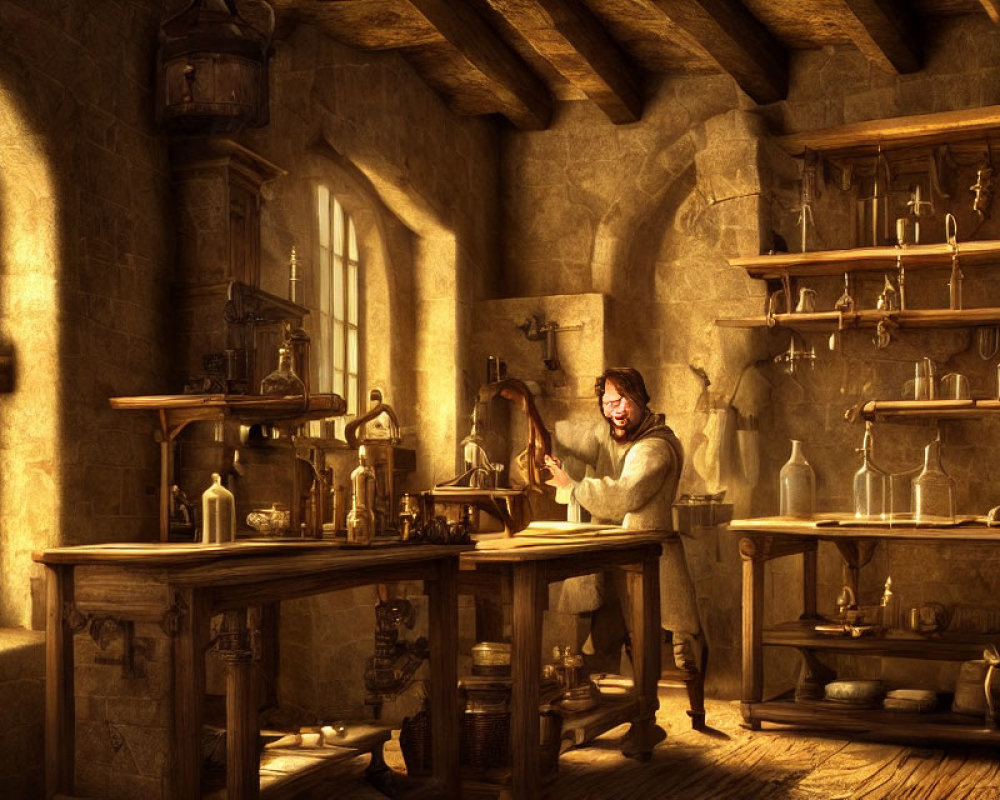 Medieval alchemy lab with person examining flask