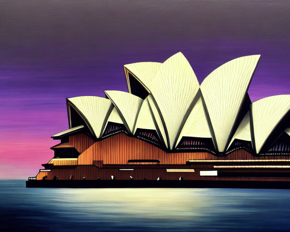 Stylized painting of Sydney Opera House at dusk with purple and pink skies