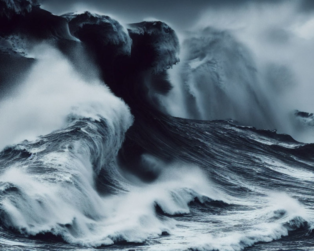 Monochrome image of tumultuous ocean waves under stormy sky